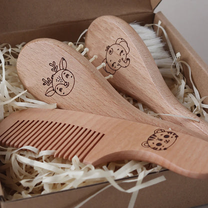 3pcs Set Engraving Elephant Tiger Baby Comb Brush Set Newborn Gift Set Natural Wool Beech Wooden Comb Baby Hair Brush