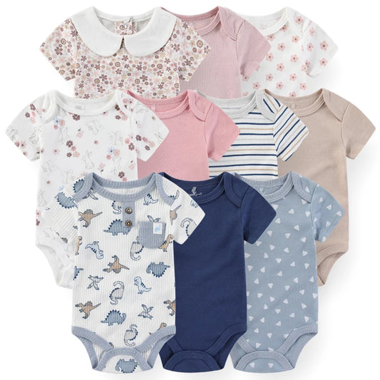 Unisex Bodysuits 4/5PCS Cotton Newborn Baby Girl Clothes Set Short Sleeve Print Baby Boy Clothes Summer Solid Color