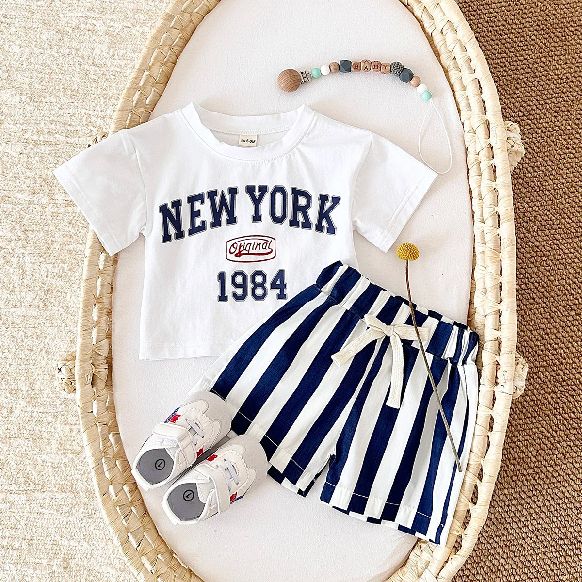 2PCS New Summer T-shirt Baby Clothes Set Letter New York T-shirt Stripe Shorts