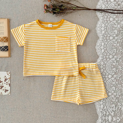 Summer Baby New Set Blue White Stripes Simple Comfortable Short Sleeves+Loose Sports Beach Shorts Boys Girls Clothing