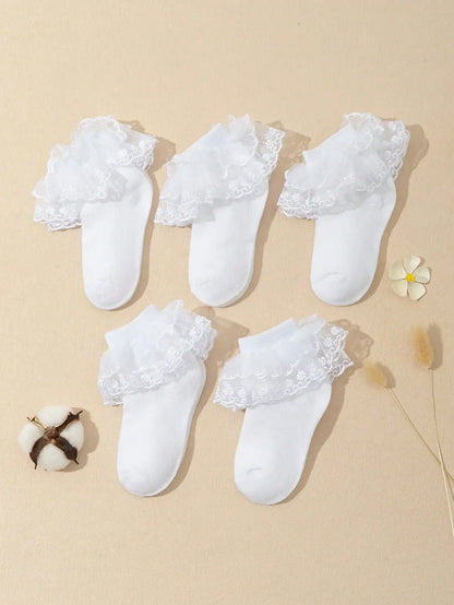 5 Pairs Baby Toddler Girls White Ruffle Frilly Crew Socks