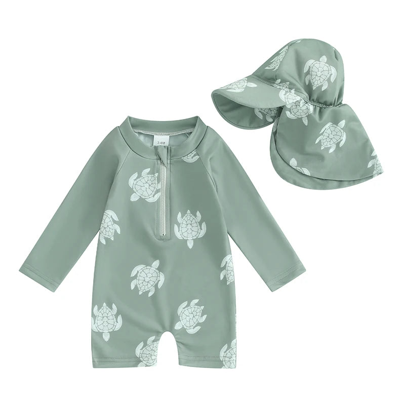 Toddler Boys Rash Guard Swimsuit Long Sleeve Turtle/Dinosaur Print