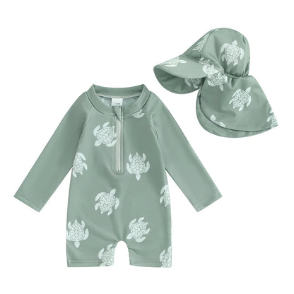 Toddler Boys Rash Guard Swimsuit Long Sleeve Turtle/Dinosaur Print