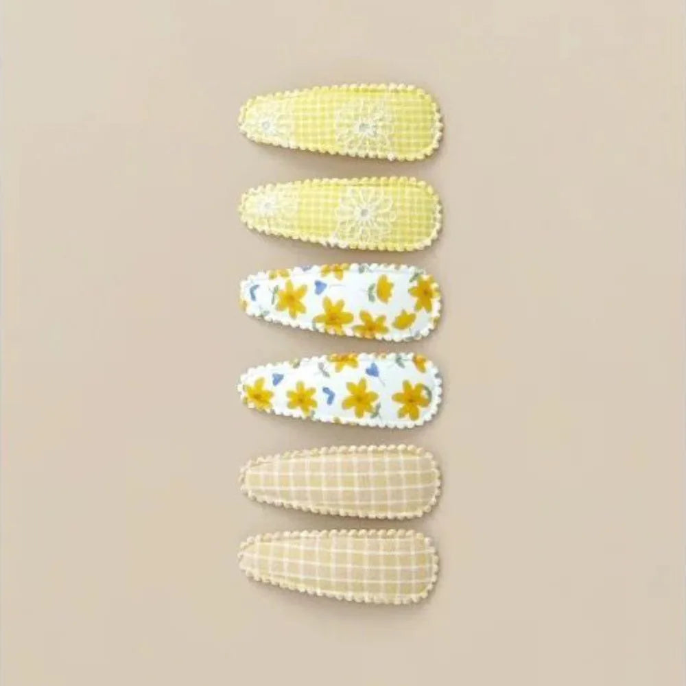 6 Pcs/Set Lovely 2inch Baby Hair Clips Handmade Lace Embroidery Snap Clips Cotton Plaid Floral Print Hairpins for Baby Girl