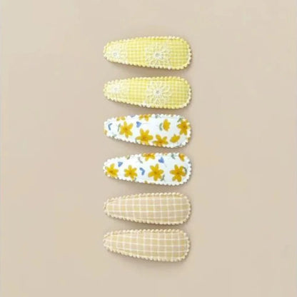 6 Pcs/Set Lovely 2inch Baby Hair Clips Handmade Lace Embroidery Snap Clips Cotton Plaid Floral Print Hairpins for Baby Girl