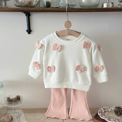 Casual 2 PCS Kids Sets Sport Suit for Baby Girls Clothes Bowknot Decor Top+Pants 1-3 Y
