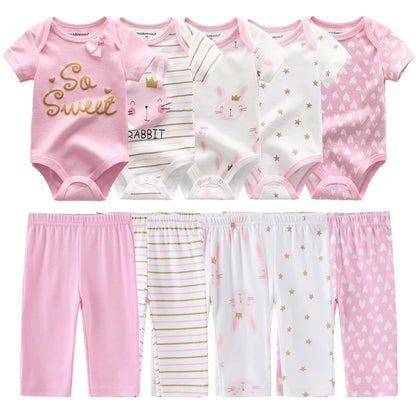 Unisex 6/9/10Pieces Cotton New Born Bodysuits+Pants Baby Girl Clothes Sets Cartoon Print Short Sleeve Baby Boy Clothes Bebes