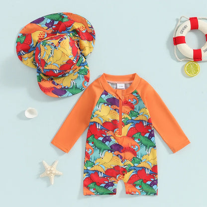 Toddler Boys Rash Guard Swimsuit Long Sleeve Turtle/Dinosaur Print