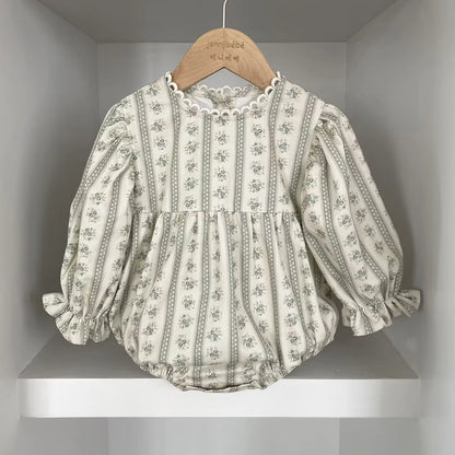 Vintage Newborn Infant Baby Girls Romper Spring Floral Stripe Baby Rompers Infant Bodysuit Toddler Onepiece Linen Baby Clothes