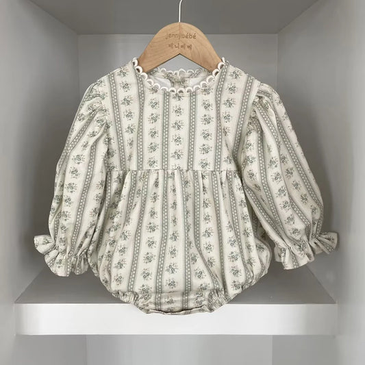 Vintage Newborn Infant Baby Girls Romper Spring Floral Stripe Baby Rompers Infant Bodysuit Toddler Onepiece Linen Baby Clothes