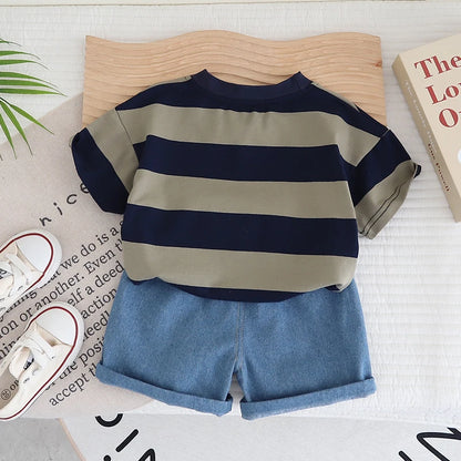 Solid Color Striped Casual Children's Short Sleeves + Fashionable Shorts 2 Pcs