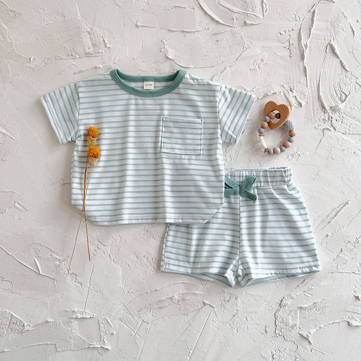 Summer Baby New Set Blue White Stripes Simple Comfortable Short Sleeves+Loose Sports Beach Shorts Boys Girls Clothing