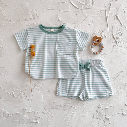 Summer Baby New Set Blue White Stripes Simple Comfortable Short Sleeves+Loose Sports Beach Shorts Boys Girls Clothing