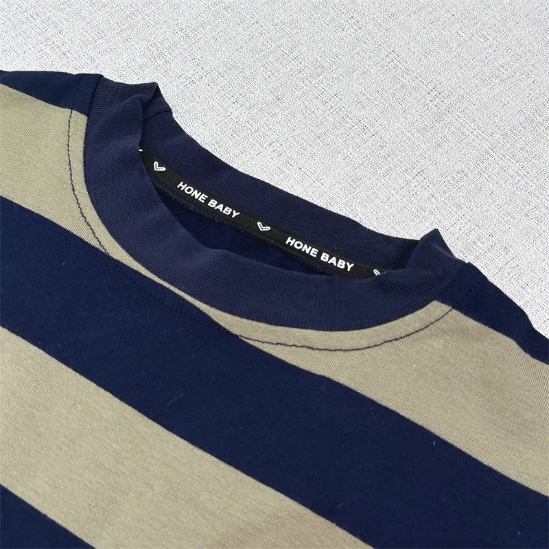 Solid Color Striped Casual Children's Short Sleeves + Fashionable Shorts 2 Pcs
