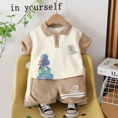 Cartoon Dinosaur Polo T-Shirt Shorts 2pcs/Set