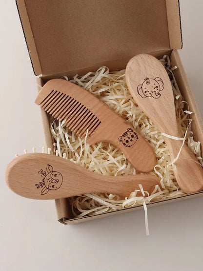 3pcs Set Engraving Elephant Tiger Baby Comb Brush Set Newborn Gift Set Natural Wool Beech Wooden Comb Baby Hair Brush