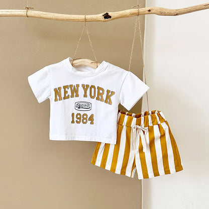 2PCS New Summer T-shirt Baby Clothes Set Letter New York T-shirt Stripe Shorts