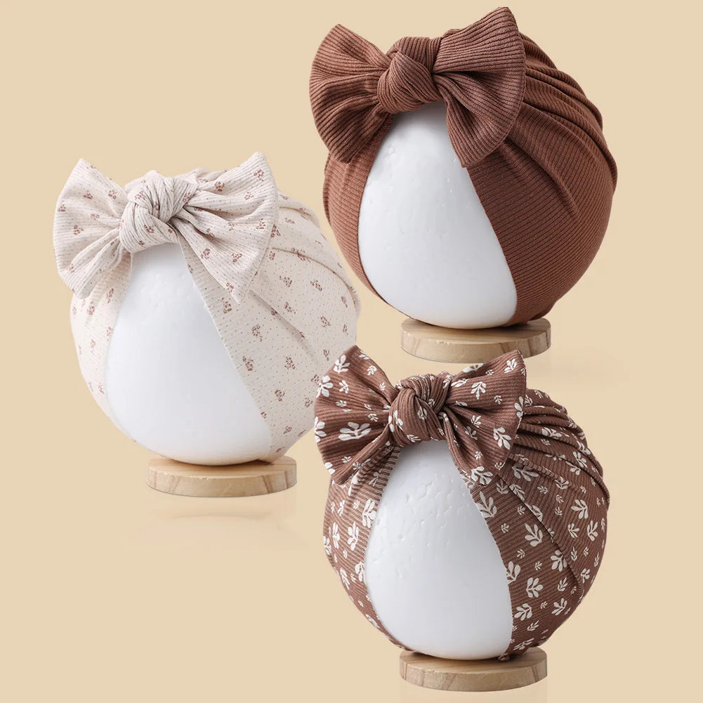 3Pcs/Lot Baby Boys Girls Flower Print Baby India Turban Hats Sweet Hair Bows Topknotted Caps Beanies Ins Bear Heart Headwraps