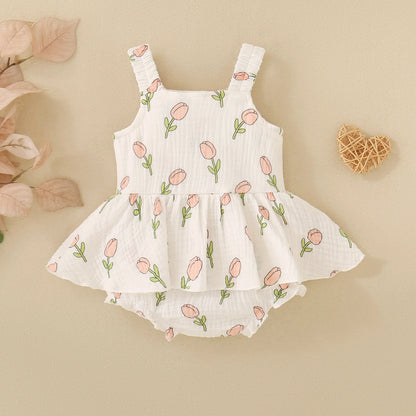Summer female infant white strap tulip print sleeveless Romper, sweet and cute