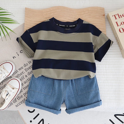 Solid Color Striped Casual Children's Short Sleeves + Fashionable Shorts 2 Pcs