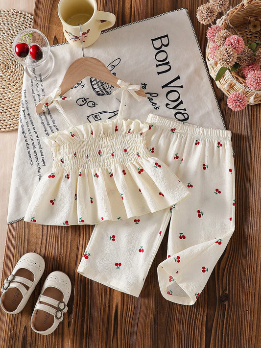 Summer baby girl white cherry print camisole top paired with matching pants in two pieces