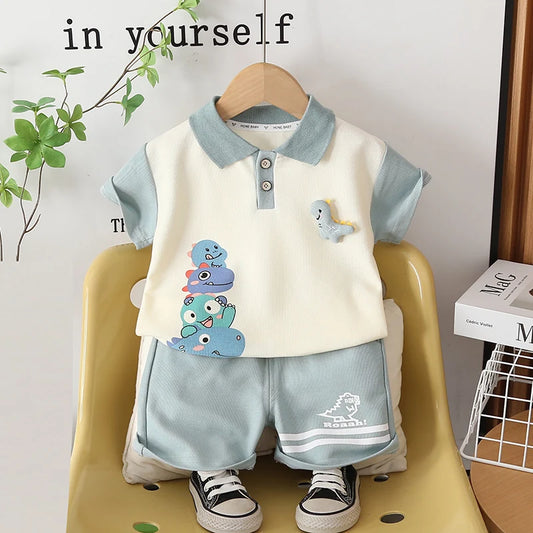 Cartoon Dinosaur Polo T-Shirt Shorts 2pcs/Set