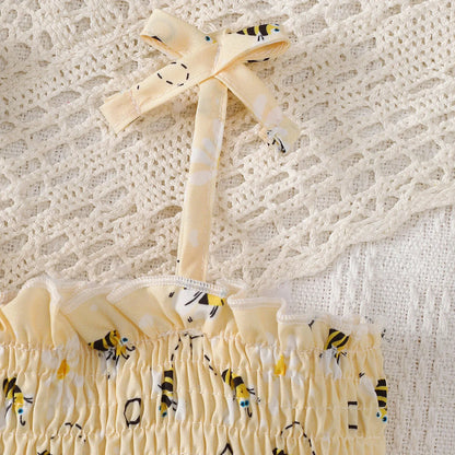 Summer Dress Cute Little bee Ruffled Suspender Dress and Headband 2-piece Set