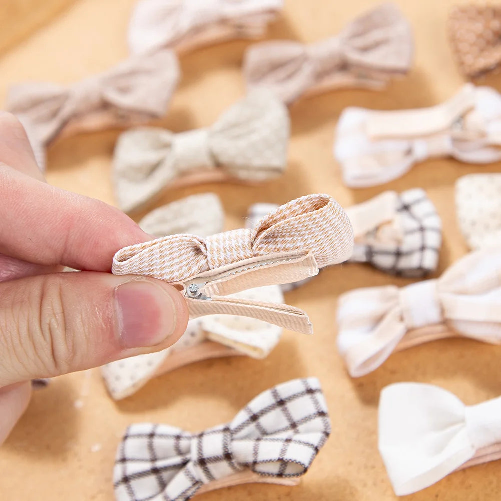 10Pcs/Set Mini Hair Bows Clips Baby Girls Cute Froal Print Plaid Hairbows Checkered Gingham Hairpins Korean Safety Kids Headwear