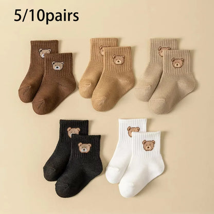 5/10Pairs Baby Socks Toddler Soft Comfortable Breathable All-Season Cartoon Bear Pattern Kids Footwear