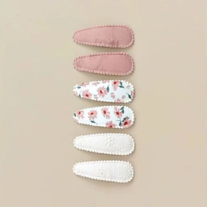 6 Pcs/Set Lovely 2inch Baby Hair Clips Handmade Lace Embroidery Snap Clips Cotton Plaid Floral Print Hairpins for Baby Girl