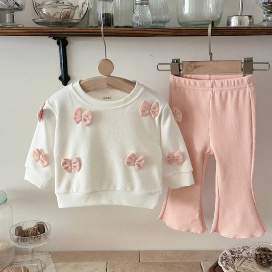 Casual 2 PCS Kids Sets Sport Suit for Baby Girls Clothes Bowknot Decor Top+Pants 1-3 Y