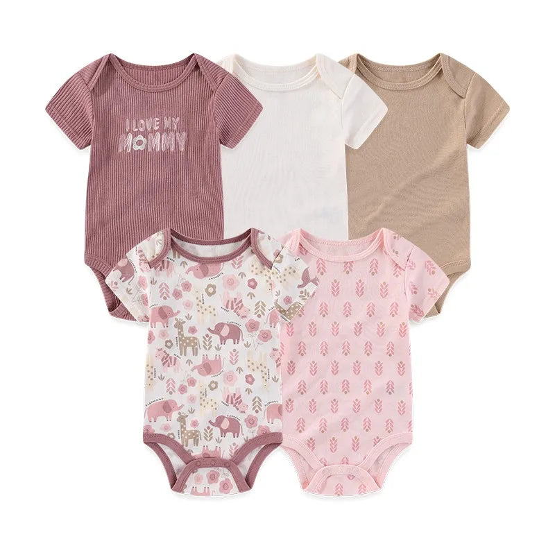 Unisex Bodysuits 4/5PCS Cotton Newborn Baby Girl Clothes Set Short Sleeve Print Baby Boy Clothes Summer Solid Color