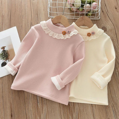 Autumn Winter Warm Girls' Top with 3D Flower Decoration and Lace Round Neck T-shirt