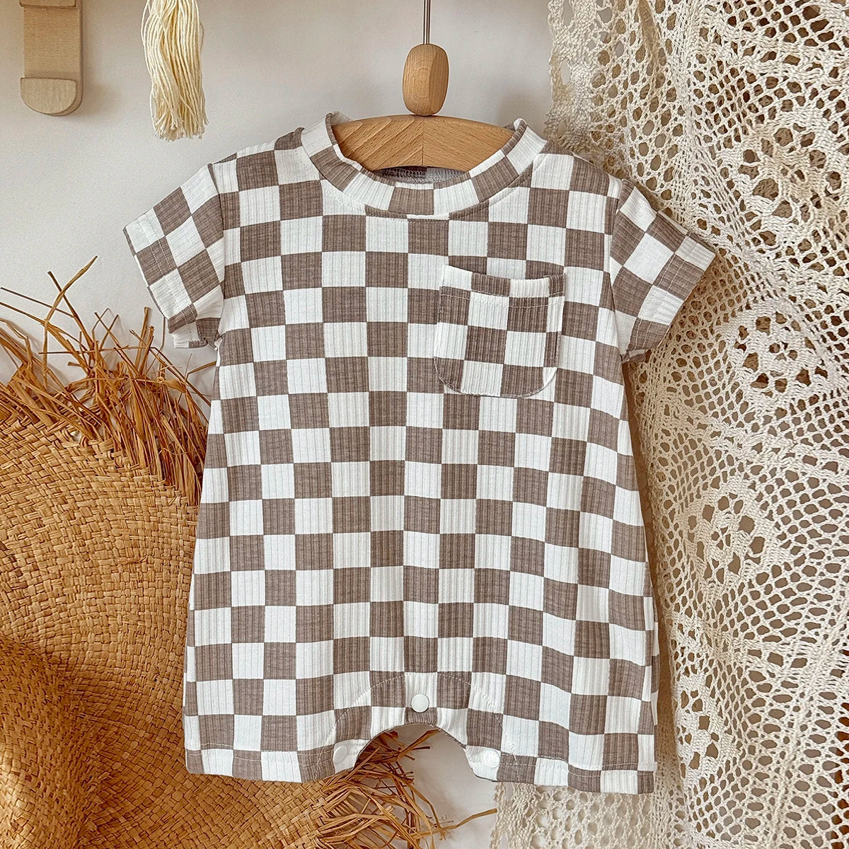 Summer Hot Newborn Baby Girl Clothes Summer Romper Sleeved Home Clothing Jumpsuit Chessboard pattern Toddler Bodysuit