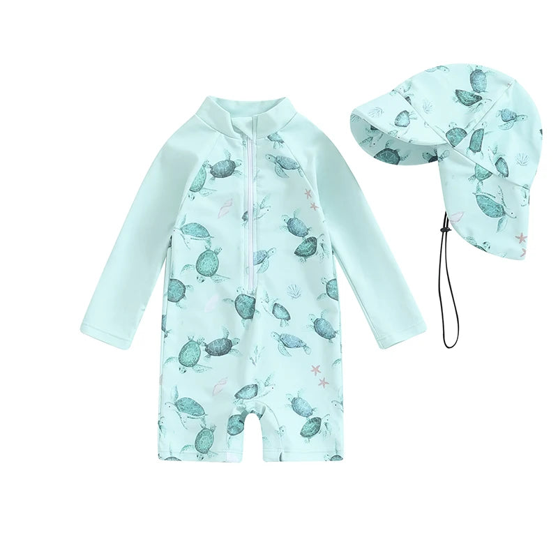 Toddler Boys Rash Guard Swimsuit Long Sleeve Turtle/Dinosaur Print