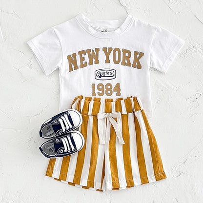 2PCS New Summer T-shirt Baby Clothes Set Letter New York T-shirt Stripe Shorts