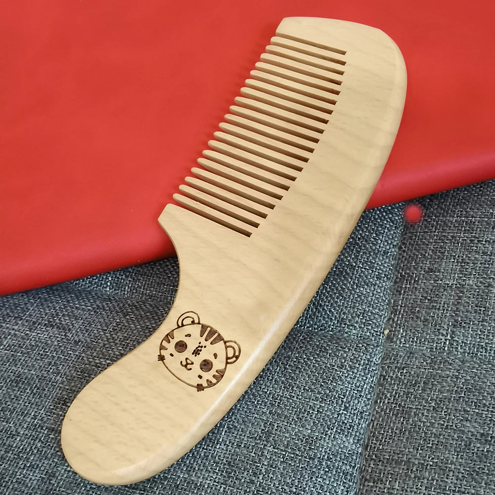 3pcs Set Engraving Elephant Tiger Baby Comb Brush Set Newborn Gift Set Natural Wool Beech Wooden Comb Baby Hair Brush