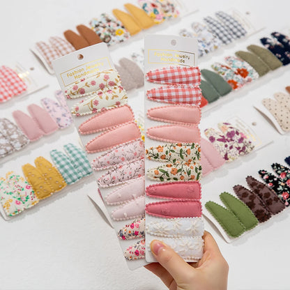 10Pcs/Lot Ins 6cm Flower Print Cotton Alloy Hair Bow Snap Clips Set Fabric Plaid Bobby Hairpins Hairgrips Girls Kids Headwear