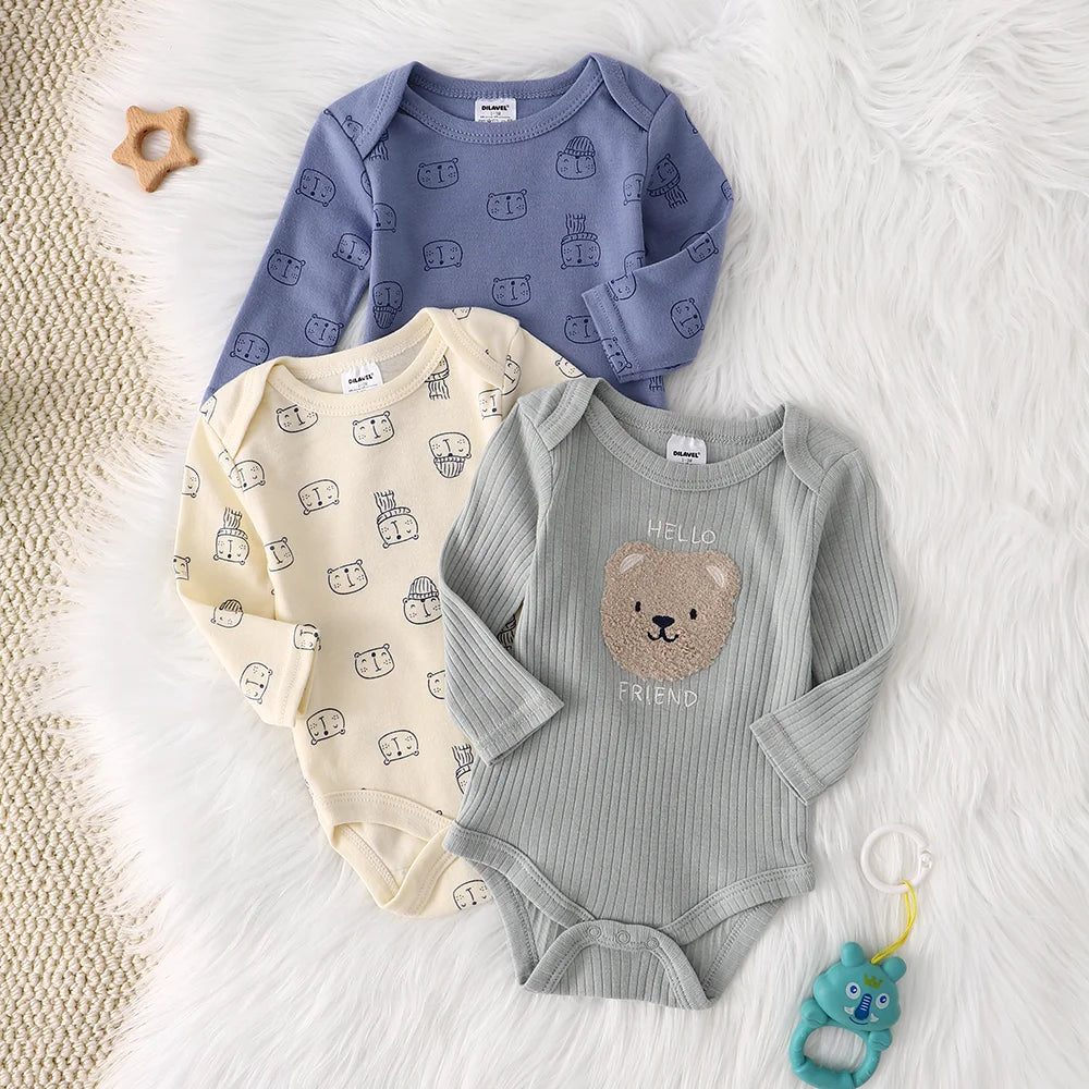 3PCS New style long-sleeved onesie Cotton fabric