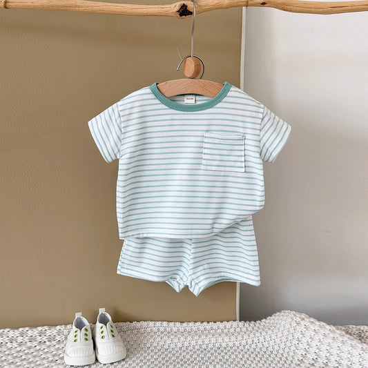 Summer Baby New Set Blue White Stripes Simple Comfortable Short Sleeves+Loose Sports Beach Shorts Boys Girls Clothing