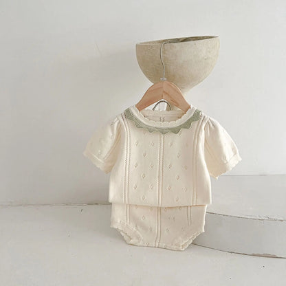 Baby Clothes Hollow-out Knitted Short-sleeved Shirt and Shorts Set Summer New Infant Girls Suits Fashionable Set for Baby Girls