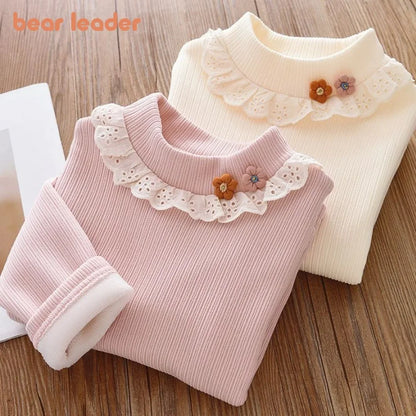 Autumn Winter Warm Girls' Top with 3D Flower Decoration and Lace Round Neck T-shirt